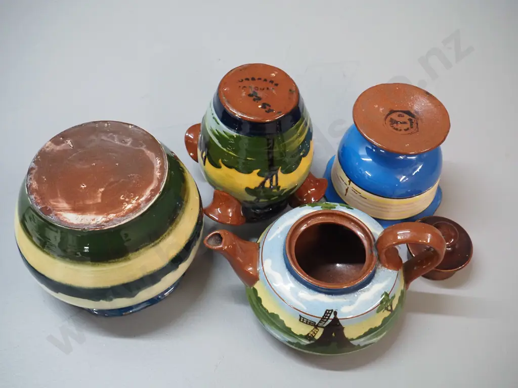 4 pieces Torquay ware pottery - rural scenes teapot, vase, bowl H95 D125 (small chips around rim) and comport dish Image 1++
