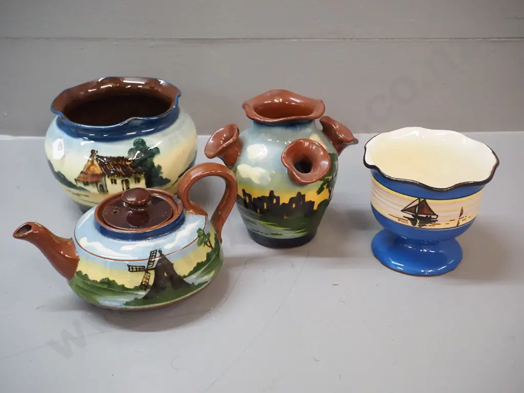 4 pieces Torquay ware pottery - rural scenes teapot, vase, bowl H95 D125 (small chips around rim) and comport dish Image 1++