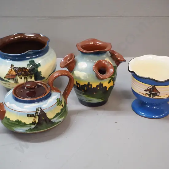 4 pieces Torquay ware pottery - rural scenes teapot, vase, bowl H95 D125 (small chips around rim) and comport dish