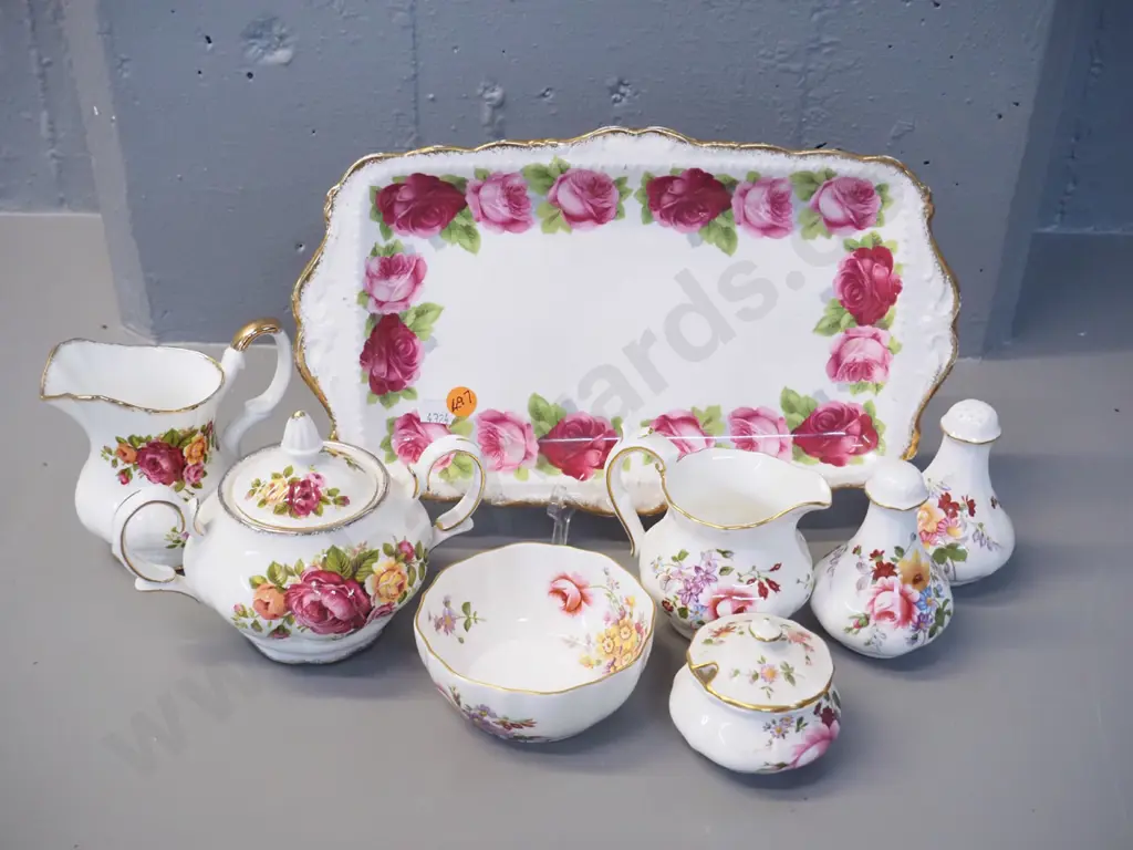 5 pieces of Royal Crown Derby china, Royal Albert sandwich plate and a Taiwanese cottage rose cream & sugar Image 1++