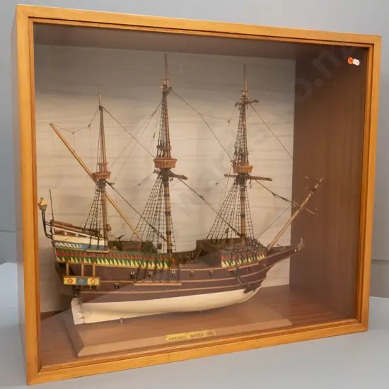 large timber model ship - the Golden Hinde - in mahogany case with glazed front - case H-665 W-750 D-325