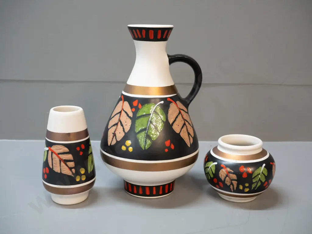 3 German pottery vases in same leaf pattern - one is handled H-215 D-130 Image 1++