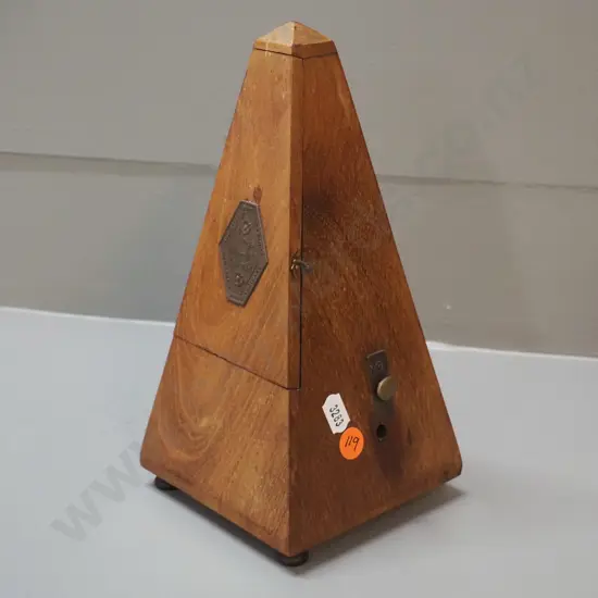 vintage wood-cased Maelzel metronome with chime mechanism - timing is out, some marks to case H-220 110 x 110