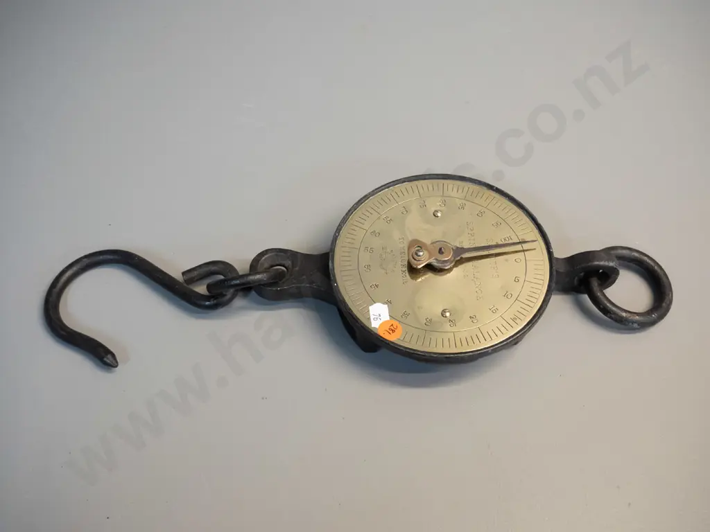 vintage Salter hanging spring scales with brass face-plate - marked T Weigh 100lb. H-390 including hook, D-140 Image 1++
