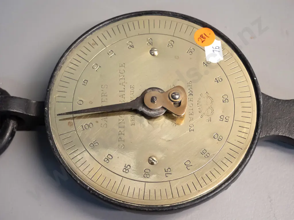 vintage Salter hanging spring scales with brass face-plate - marked T Weigh 100lb. H-390 including hook, D-140 Image 1++