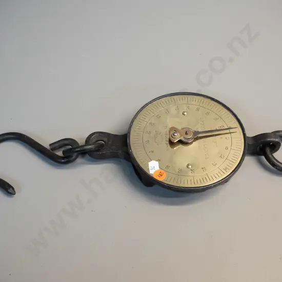 vintage Salter hanging spring scales with brass face-plate - marked T Weigh 100lb. H-390 including hook, D-140