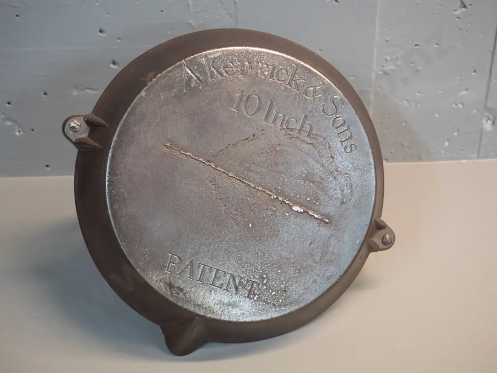vintage cast iron  skillet with hanging handle - stamped A Kenrick & Sons 10 inch H-300 D-345 Image 1++