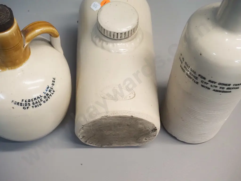 3 vintage stoneware items - Govancroft Glasgow hot water bottle, Plynine Edinburgh Household Ammonia bottle H300 and a Image 1++