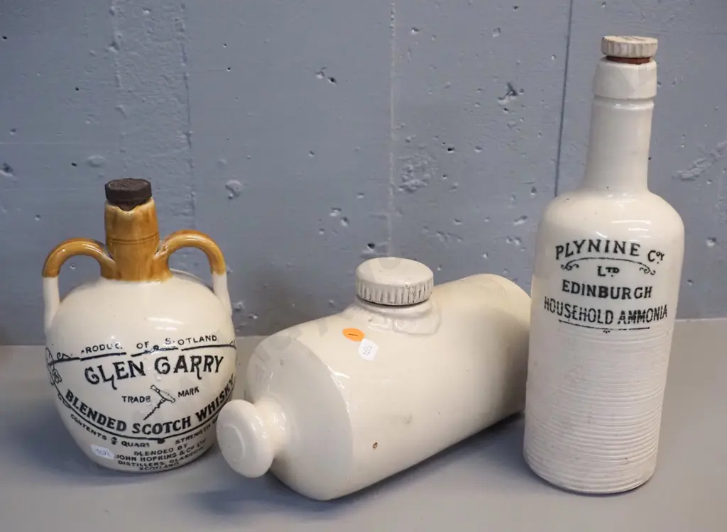 3 vintage stoneware items - Govancroft Glasgow hot water bottle, Plynine Edinburgh Household Ammonia bottle H300 and a Image 1++