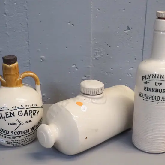3 vintage stoneware items - Govancroft Glasgow hot water bottle, Plynine Edinburgh Household Ammonia bottle H300 and a