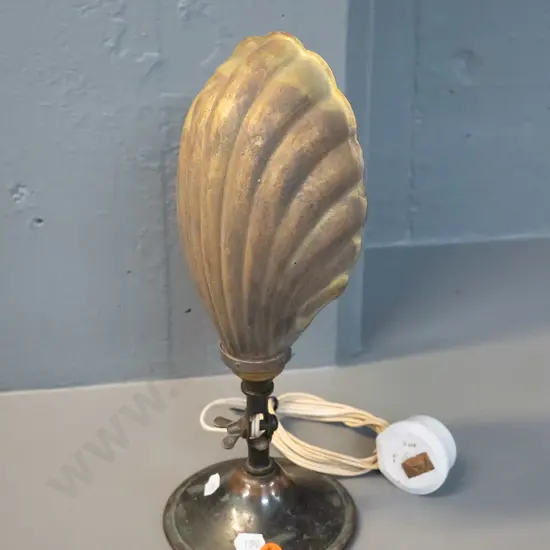 vintage brass lamp with shell-shaped shade, tilting stem for wall or table use - base has been weighted. H300 Base D115
