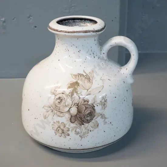 Scheurich German pottery handled vase with floral motif, speckle glaze H-220 D-200