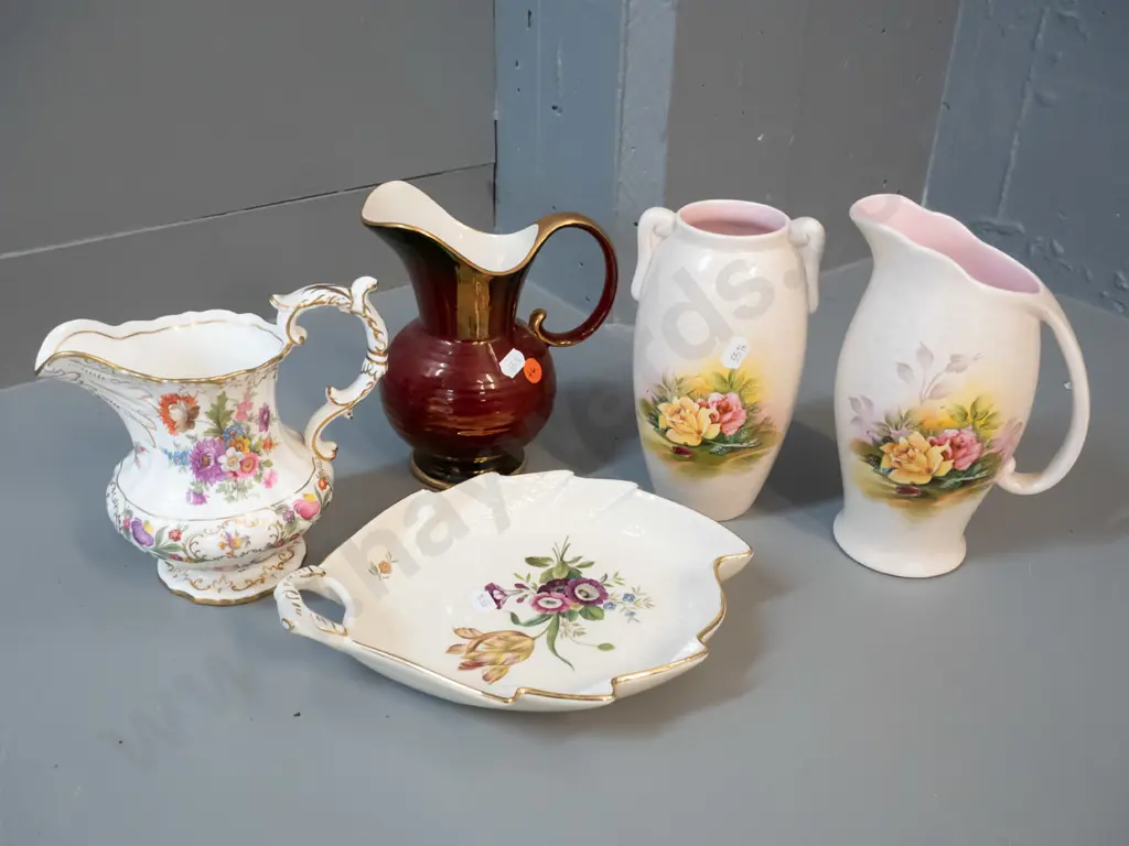 3 Crown Devon items - rouge jug, matching vase & jug H190 - Hammersley jug, & Royal Copenhagen dish Image 1++