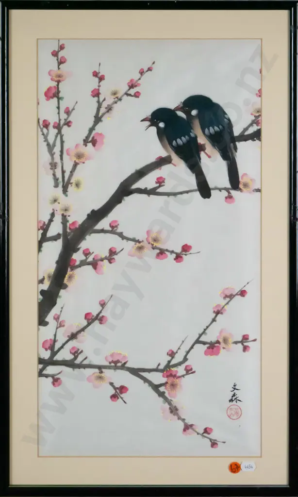 framed Asian watercolour on silk - birds on tree boughs H-490 W-260 Image 1++