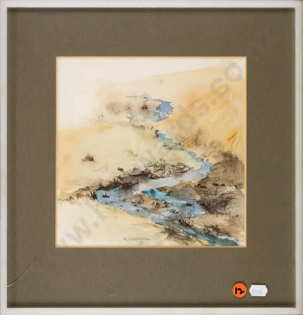 S Marshall - framed watercolour - stream H-190 W-190 (small crack to plastic) Image 1++