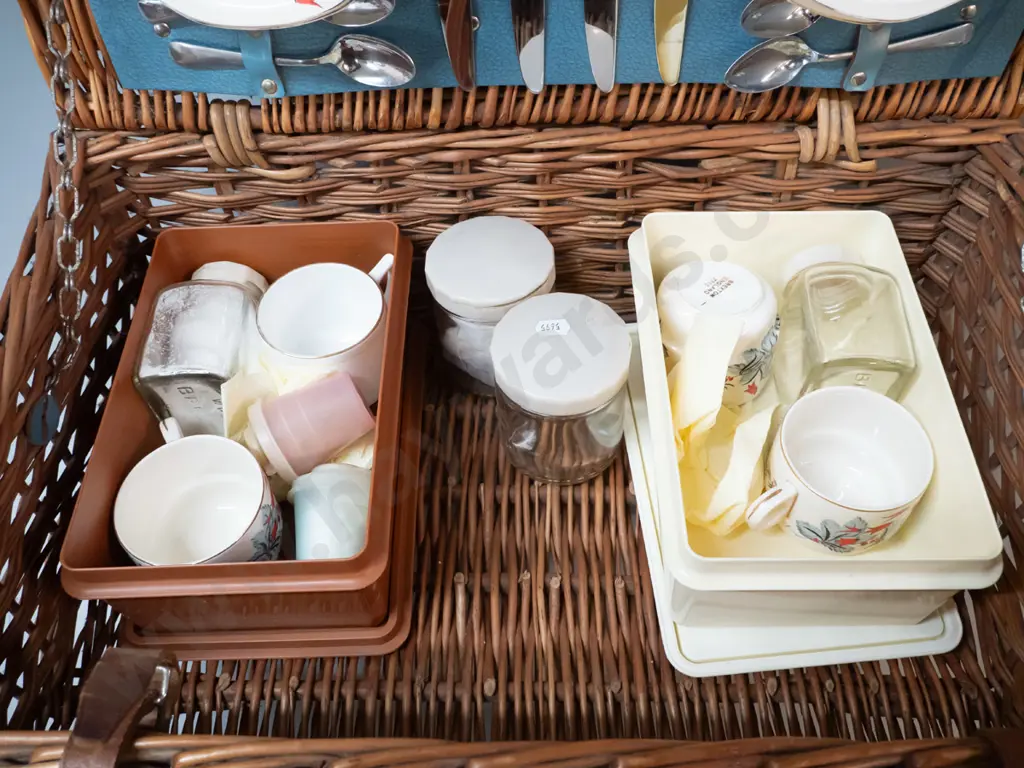 vintage Brexton woven willow cane picnic set with contents - plates, cups & saucers, cutlery, containers etc. Image 1++