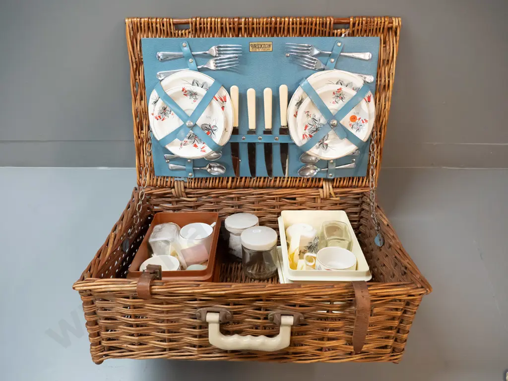 vintage Brexton woven willow cane picnic set with contents - plates, cups & saucers, cutlery, containers etc. Image 1++