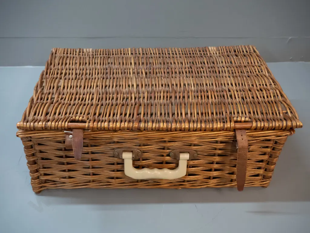 vintage Brexton woven willow cane picnic set with contents - plates, cups & saucers, cutlery, containers etc. Image 1++