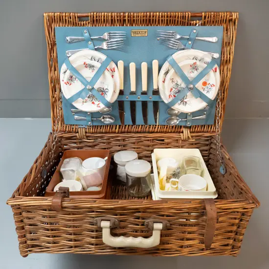 vintage Brexton woven willow cane picnic set with contents - plates, cups & saucers, cutlery, containers etc.