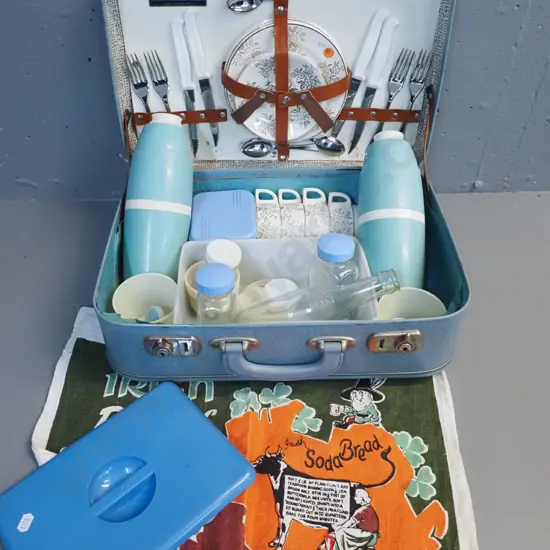vintage Optima English picnic set with flasks, 4-place china cups & plates, cutlery, various containers - some wear to