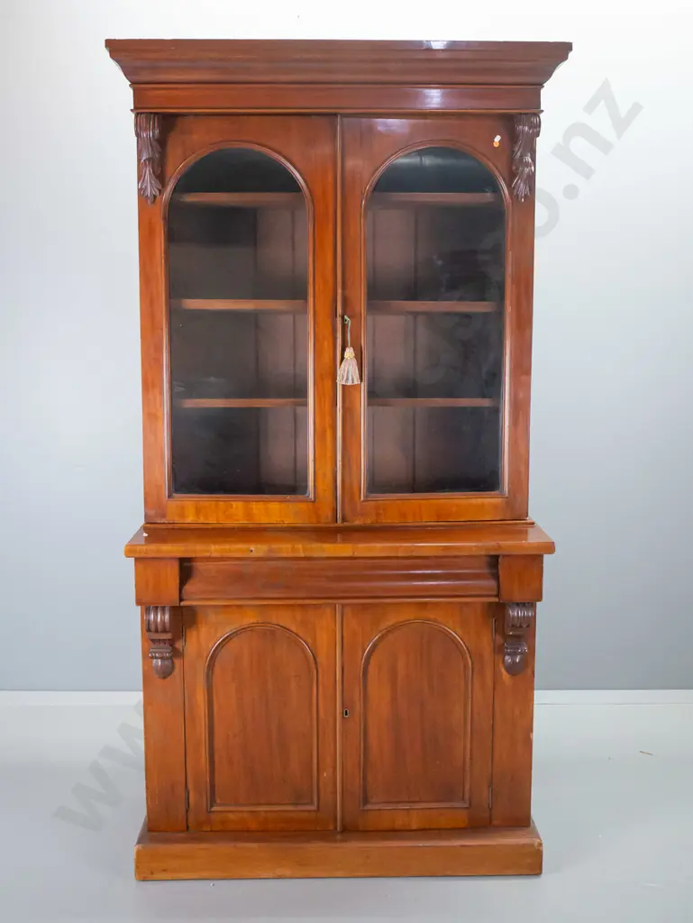 antique mahogany chiffonier with glazed bookcase top, carved corbels, escutcheons w/key H2100 W1120 D460 Image 1++