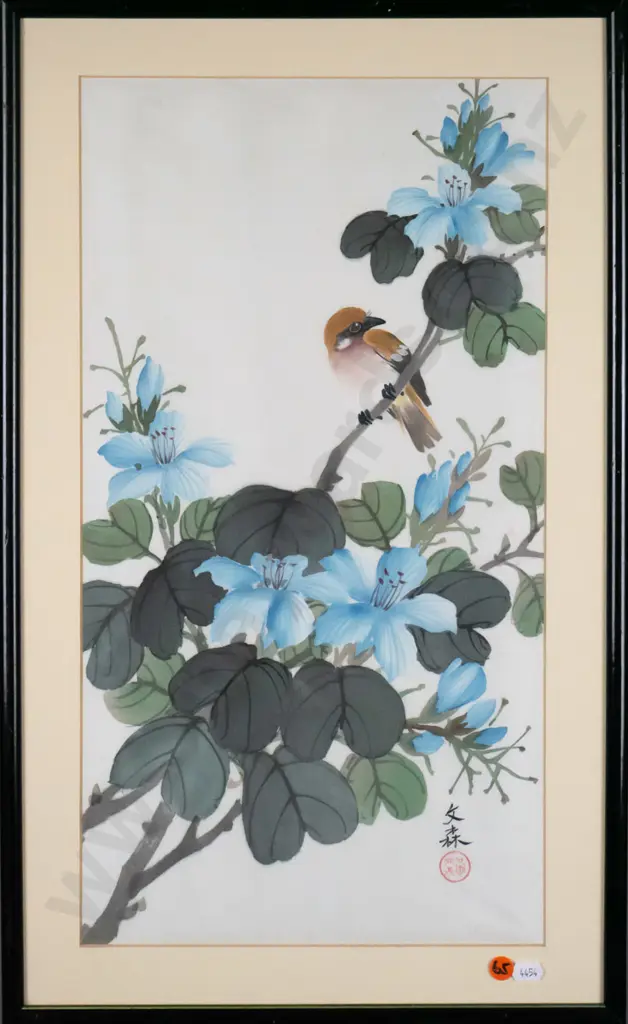 framed Asian watercolour on silk - birds on tree boughs H-490 W-260 Image 1++