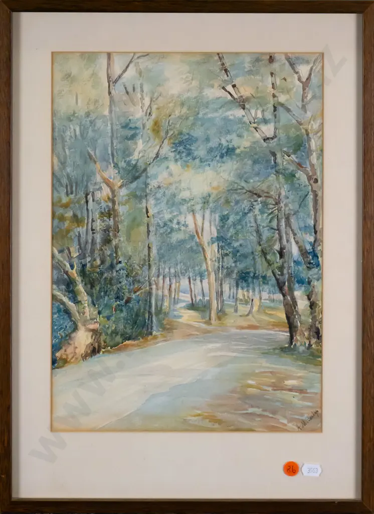 framed watercolour - trees and road scene H-340 W-240 Image 1++
