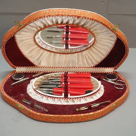 vintage manicure set with mirror in lid, velvet & satin lining, corrosion to some items W-290 D-165