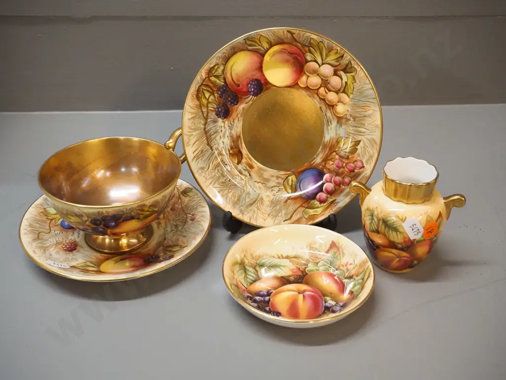3 Aynsley Orchard Gold items - trio signed D. Jones and N. Brunt, pin dish & small vase Image 1++