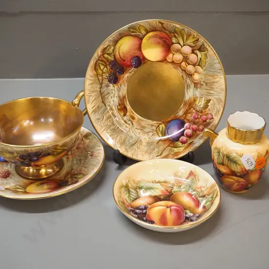 3 Aynsley Orchard Gold items - trio signed D. Jones and N. Brunt, pin dish & small vase