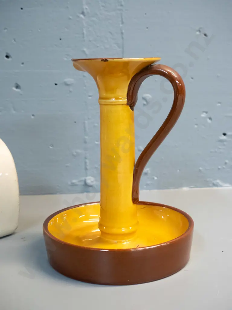 vintage salt glazed Glasgow Pottery hot water bottle and Whatcombe Torquay large candlestick w/ under glaze fault H190 Image 1++