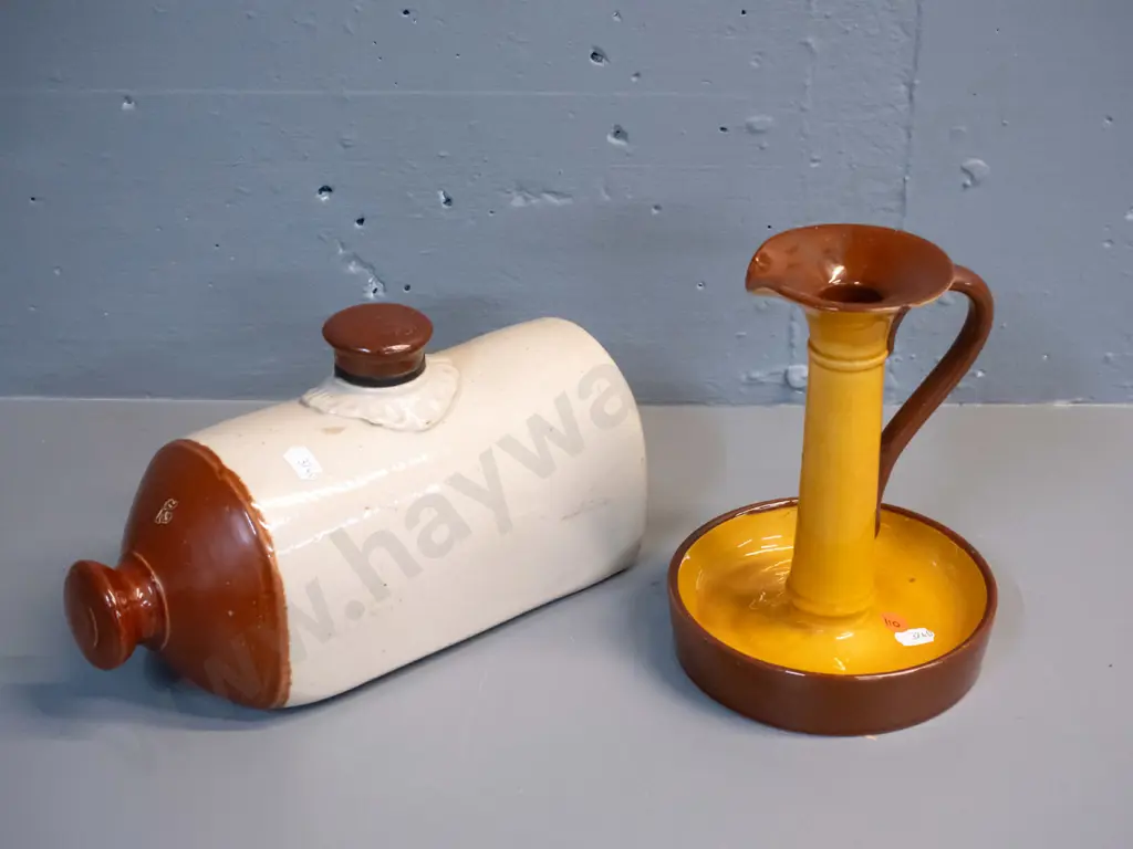 vintage salt glazed Glasgow Pottery hot water bottle and Whatcombe Torquay large candlestick w/ under glaze fault H190 Image 1++