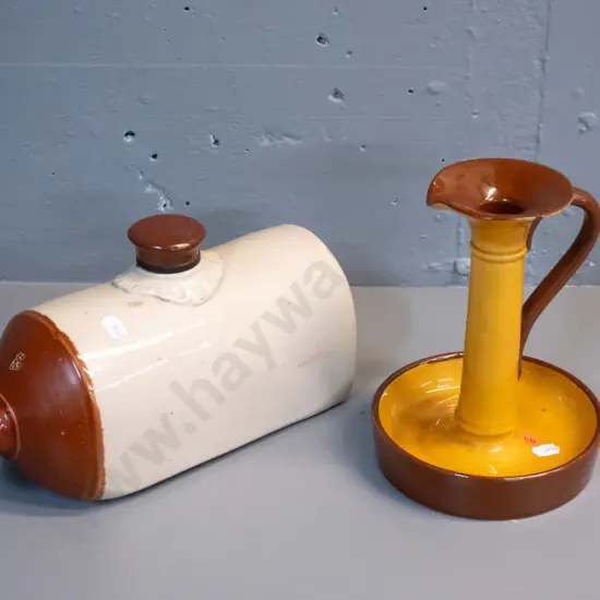 vintage salt glazed Glasgow Pottery hot water bottle and Whatcombe Torquay large candlestick w/ under glaze fault H190