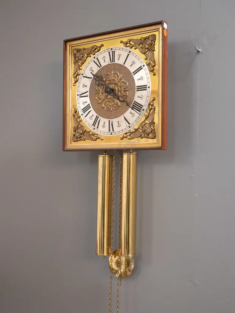 retro German wall clock with timber case, pressed and brushed brass face, brass weights - recently Image 1++