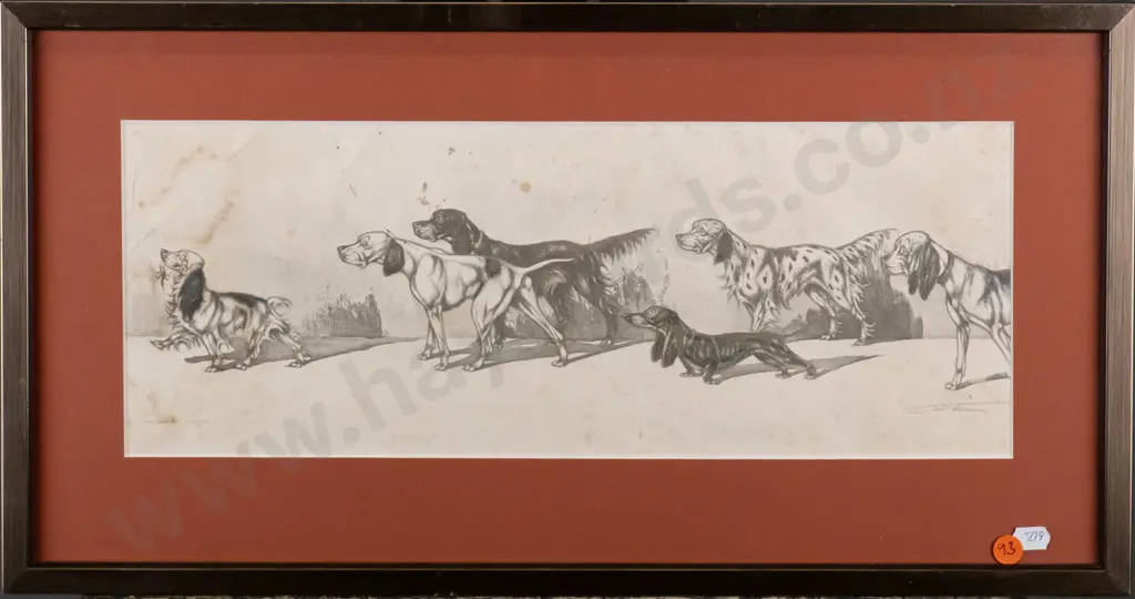 framed vintage print - dogs (foxing and creasing) H-160 W-410 Image 1++
