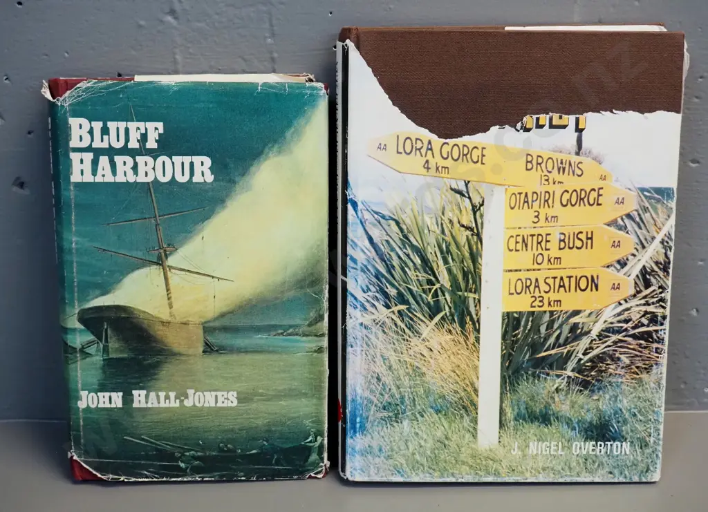 2 Southland local histories - signed copy "Birth of a District" by J.N. Overton and "Bluff Harbour" by John Hall-Jones Image 1++