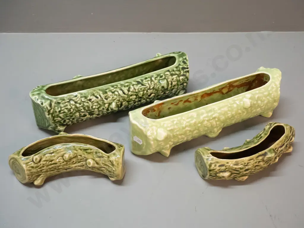 4 Temuka pottery green glaze log flower troughs - 2 large H-80 L-310 and 2 small Image 1++