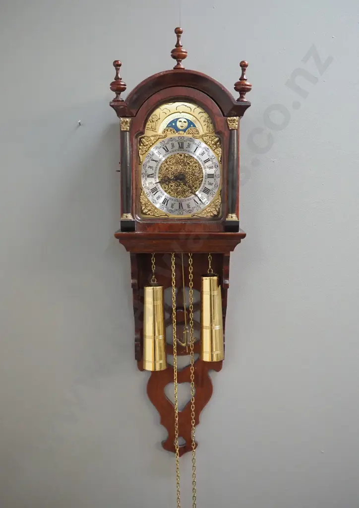 Dutch wall clock in ornate wooden case with 2 heavy brass weights, with moon phase dial, chipping to paint on grille on Image 1++