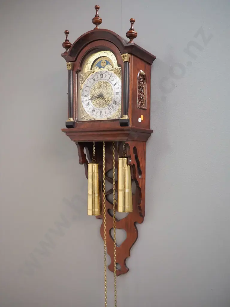 Dutch wall clock in ornate wooden case with 2 heavy brass weights, with moon phase dial, chipping to paint on grille on Image 1++