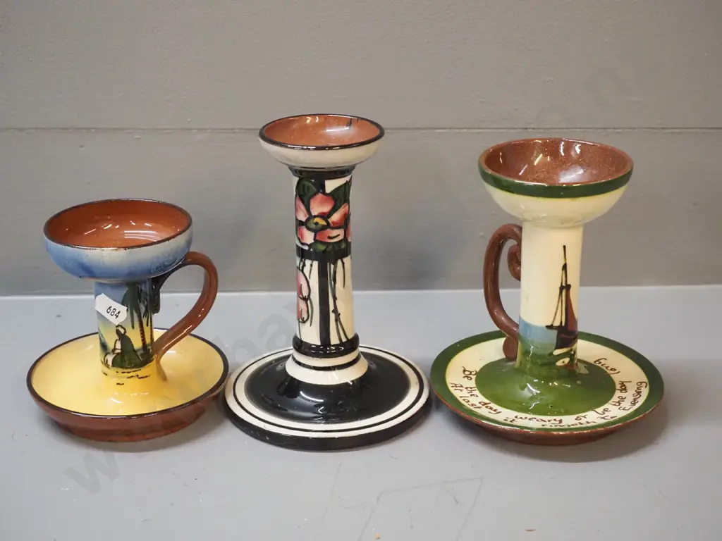 3 Torquay ware pottery candlesticks - tallest is H-150 Image 1++