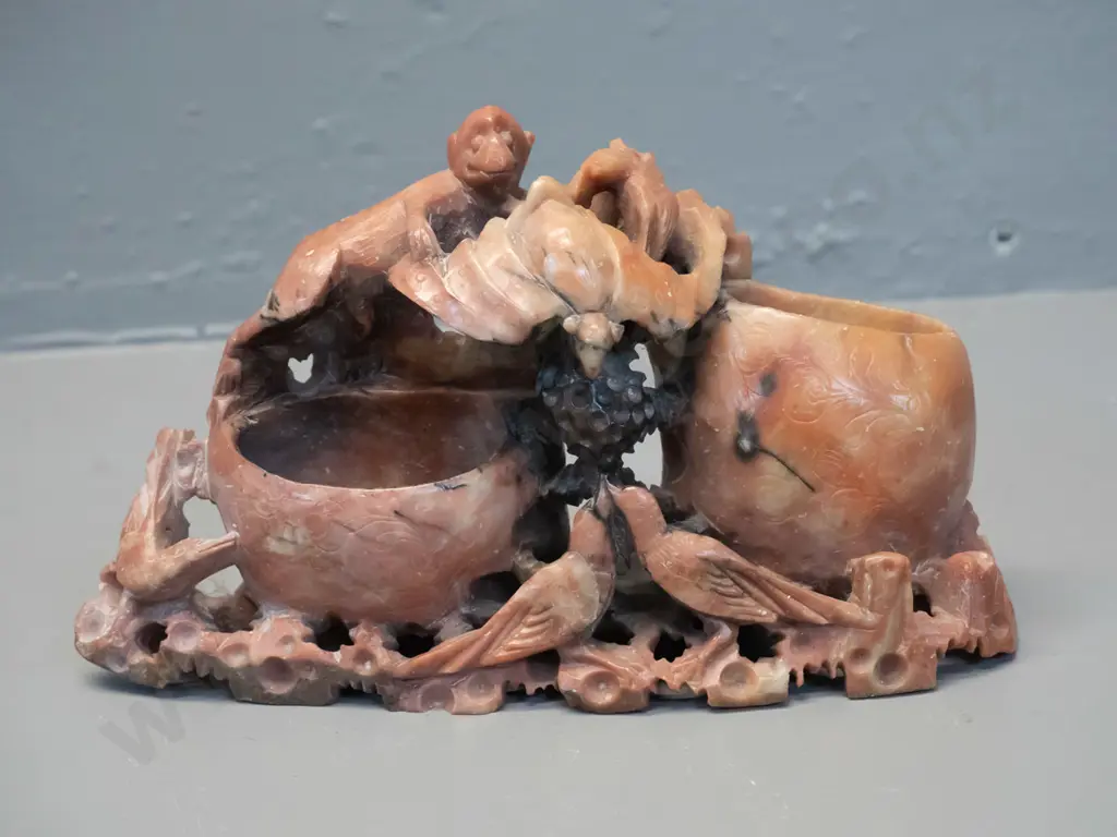 Chinese soapstone carving scene including monkey and bird H-100 W-185 Image 1++