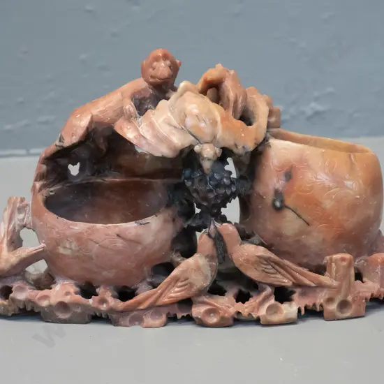 Chinese soapstone carving scene including monkey and bird H-100 W-185