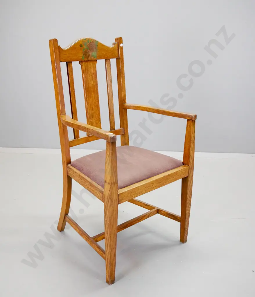deco oak carver chair with hand-painted decoration on back rail, suedette upholstered seat H-1040 W-545 D-500 Image 1++
