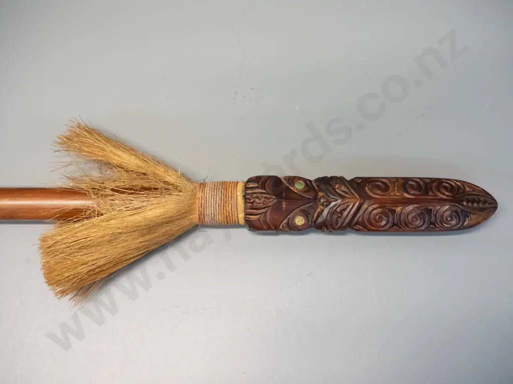carved timber Maori taiaha / spear with paua insets and fibre decorations L-1560 Image 1++
