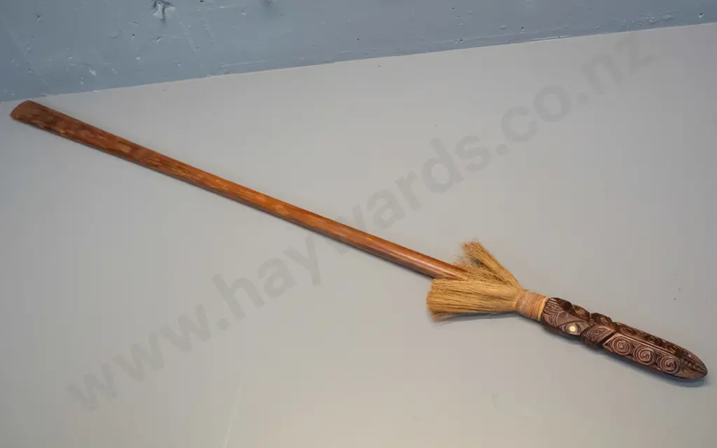 carved timber Maori taiaha / spear with paua insets and fibre decorations L-1560 Image 1++