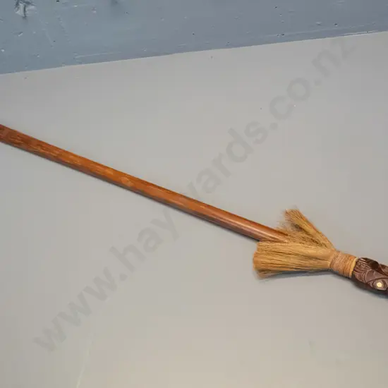 carved timber Maori taiaha / spear with paua insets and fibre decorations L-1560
