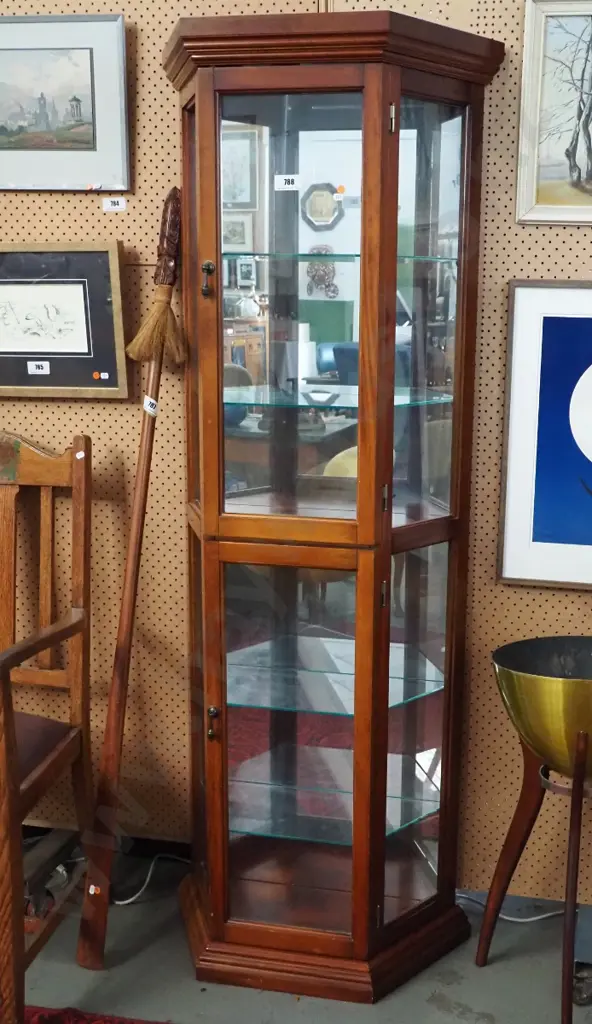 mahogany angled-front glazed display cabinet 2 doors, 4 adjustable shelves, metal handles & mirror back H1770 D270 Image 1++
