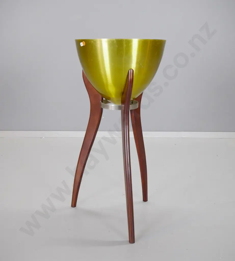 retro pot plant stand with spun aluminium holder on mahogany & metal base H-690 Diameter 330 Image 1++