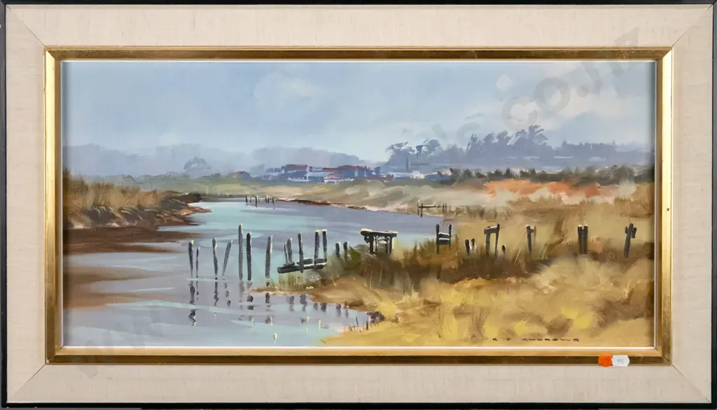KJ Andrews - framed acrylic - Hokitika From Manahuna Stream H-280 W-580 Image 1++