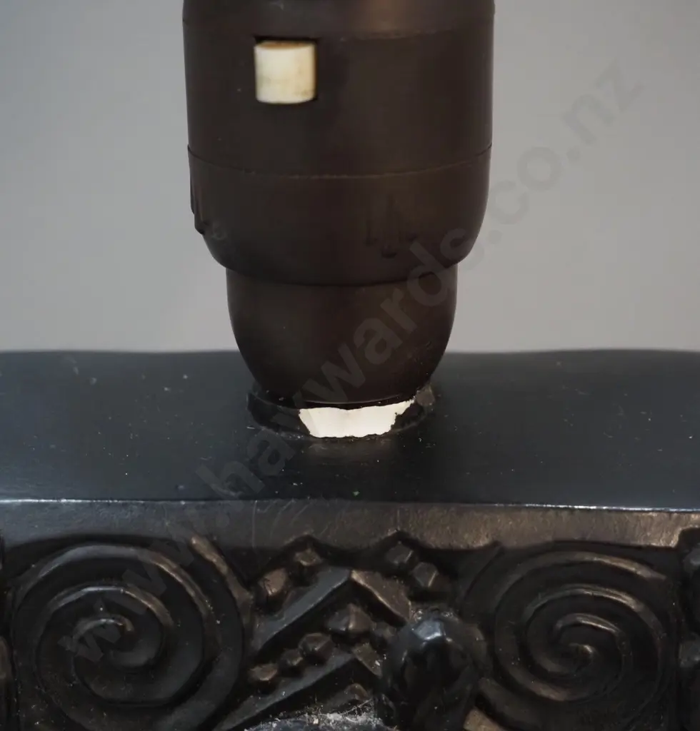 black painted plaster table lamp with Maori warrior relief motif, textured glass with chrome lamp holder. Chip to finish Image 1++